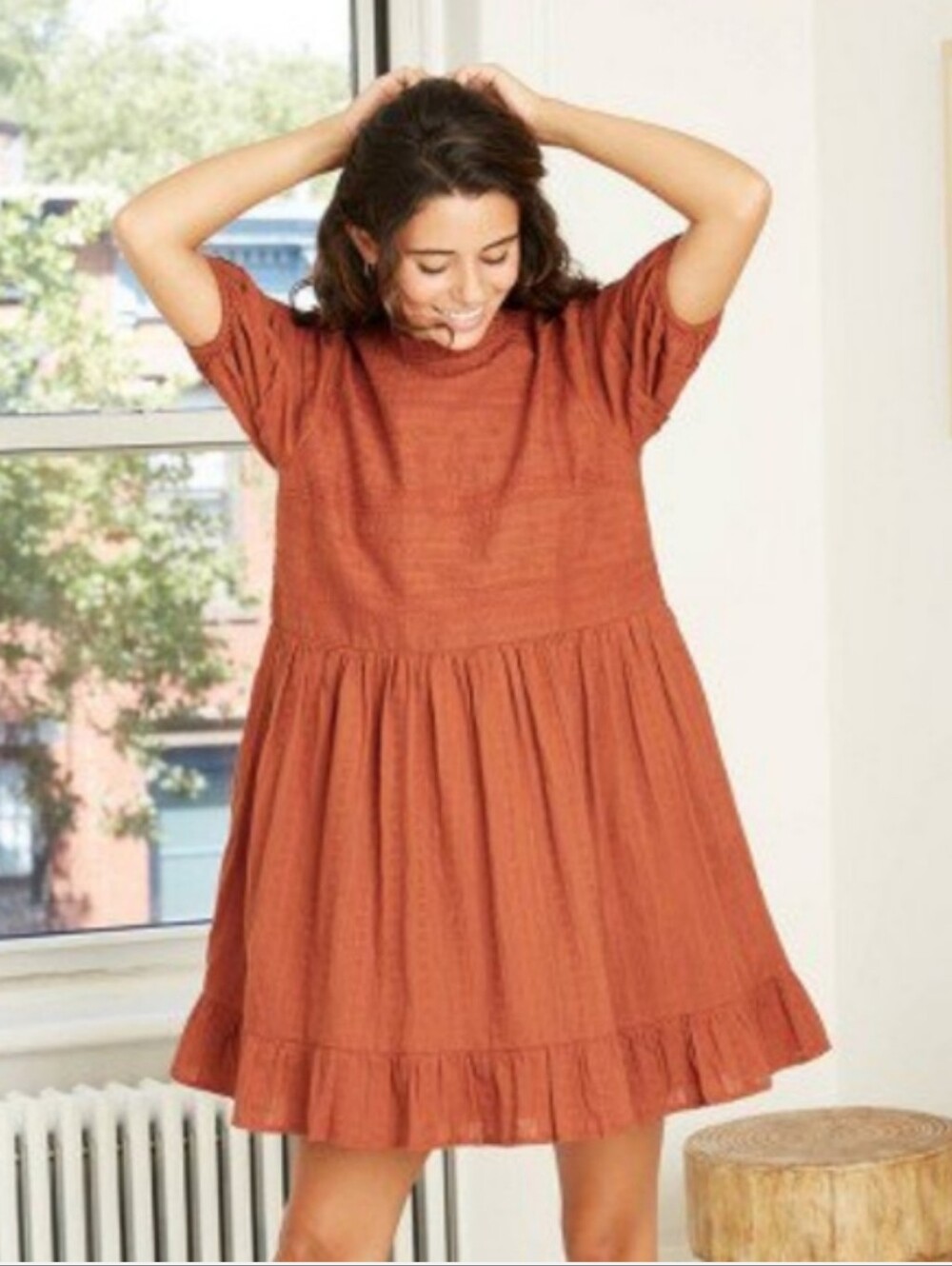 Universal Thread Rust Cotton Embroidered Puffed Sleeve Babydoll Dress